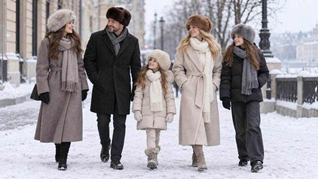 Компания друзей в меховых шапках на зимней улице